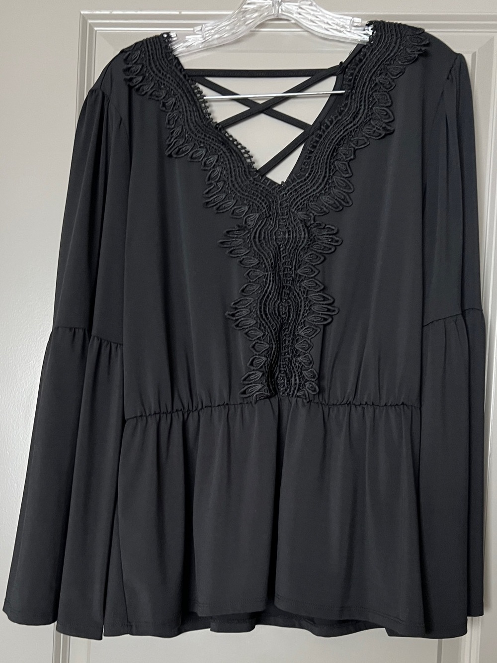 Black Eyelet Lace Bell-Sleeve Blouse